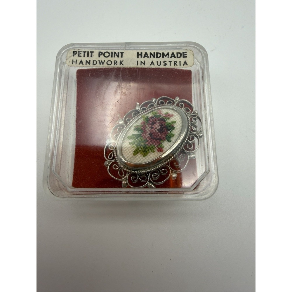 Vintage Petit Point Handmade in Austria Floral Rose Filigree Brooch Silver Tone